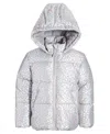 S Rothschild & Co Big Girls Quilted Metallic Heart-print Full-zip Hooded Puffer Jacket In Grey Leopa