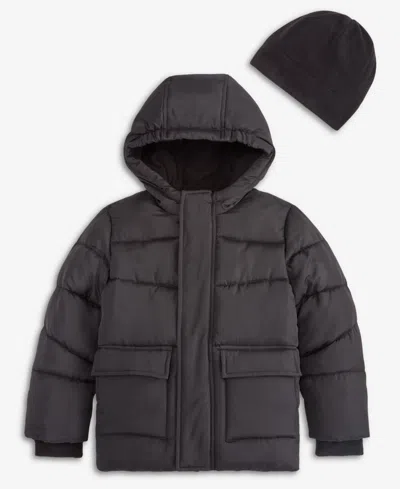 S Rothschild & Co Babies' Boys' 2t-5t Solid Quilted Puffer Coat And Fleece Hat (while Supplies Last) In Black