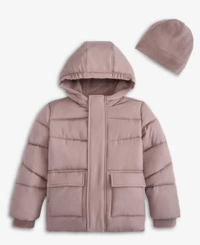 S Rothschild & Co Babies' Boys' 2t-5t Solid Quilted Puffer Coat And Fleece Hat (while Supplies Last) In Clay