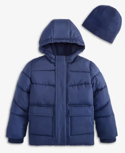 S Rothschild & Co Babies' Boys' 2t-5t Solid Quilted Puffer Coat And Fleece Hat (while Supplies Last) In Navy