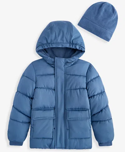 S Rothschild & Co Babies' Boys' 2t-5t Solid Quilted Puffer Coat And Fleece Hat (while Supplies Last) In Slate