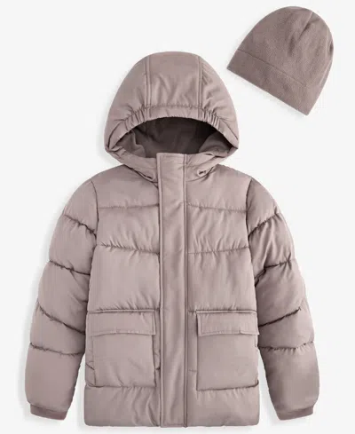 S Rothschild & Co Kids' Boys' 6-16 Solid Quilted Puffer Hooded Coat And Hat (while Supplies Last) In Pink