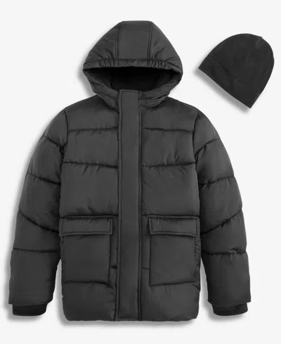 S Rothschild & Co Babies' Boys' Xs-xl Solid Quilted Puffer Hooded Coat And Hat (while Supplies Last) In Black