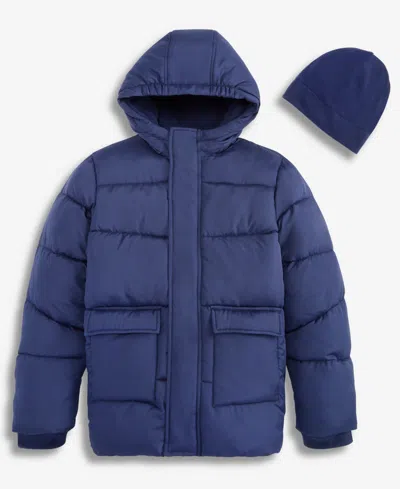 S Rothschild & Co Babies' Boys' Xs-xl Solid Quilted Puffer Hooded Coat And Hat (while Supplies Last) In Navy