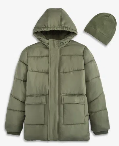 S Rothschild & Co Babies' Boys' Xs-xl Solid Quilted Puffer Hooded Coat And Hat (while Supplies Last) In Olive