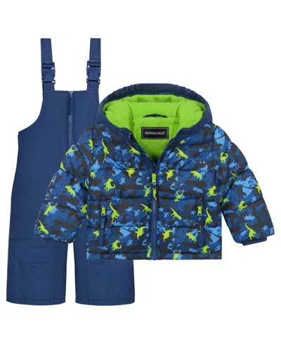 S Rothschild & Co Kids' Toddler Boys' 2t-5t Dinosaur-print Puffer Hooded Jacket And Ski Bib, 2-piece Set In Blue