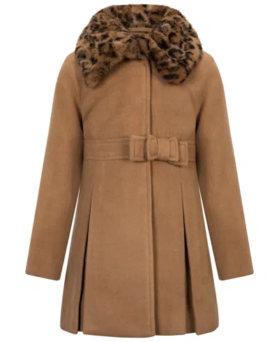 S Rothschild & Co Babies' Toddler Girls' 2t-5t Long-sleeve Bow Waist Coat With Fur Collar In Camel,leopard