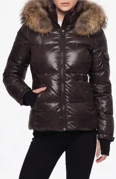 S13 Allie Water Repellent Puffer Jacket With Removable Faux Fur Trim Hood In Espresso/ N