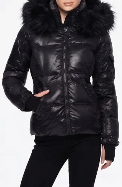 S13 Allie Water Repellent Puffer Jacket With Removable Faux Fur Trim Hood In Jet/ Black