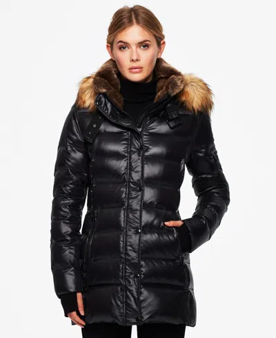 S13 Women's Chelsea Faux-fur-trim Collar Hooded Puffer Coat In Jet,natural