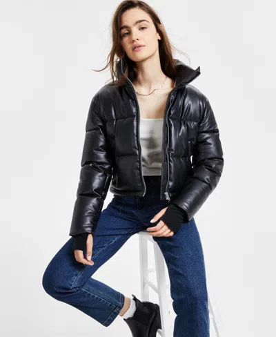S13 Women's Cropped Zip-front Faux-leather Puffer Coat In Black