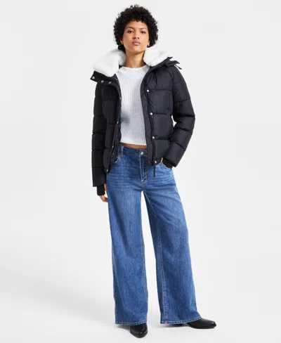 S13 Women's Ella Faux-sherpa-collar Hooded Puffer Coat In Black,white