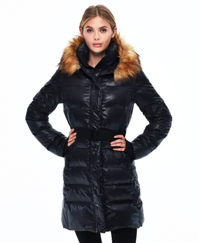 S13 Women's Faux-fur Hooded Belted Shine Puffer Coat In Jet,natural