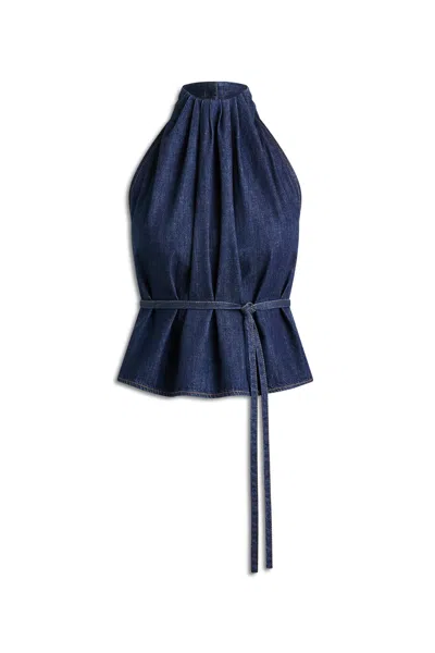 Scanlan Theodore Denim Gather Neck Top In Blue