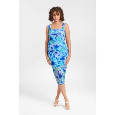 S3 Apparel Sculpting Shapewear Draped Mesh Midi Dress In Blue