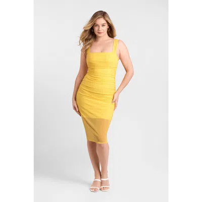 S3 Apparel Sculpting Shapewear Draped Mesh Midi Dress In Yellow