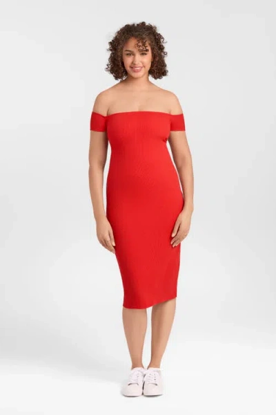 S3 Apparel Sculpting Shapewear Rib Straight Neck Off The Shoulder Midi Dress In Red