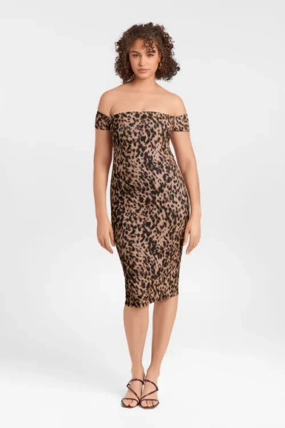S3 Apparel Sculpting Shapewear Straight Neck Off The Shoulder Midi Dress In Brown
