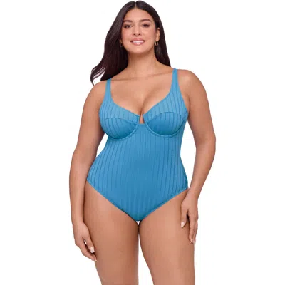 S3 Apparel Wide Rib Scoop Neck Underwire One Piece Swimsuit In Blue