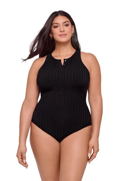 S3 Apparel Wide Rib Snap High Neck One Piece Swimsuit In Black