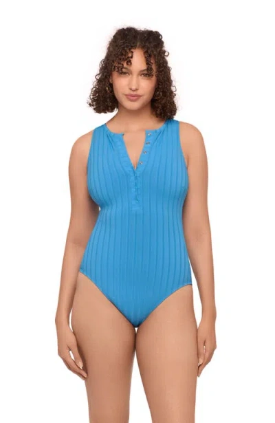 S3 Apparel Wide Rib Snap High Neck One Piece Swimsuit In Blue