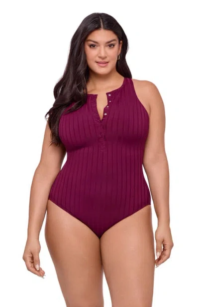 S3 Apparel Wide Rib Snap High Neck One Piece Swimsuit In Burgundy