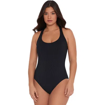 S3 Ribbed High Neck Snap Front One Piece Swimsuit In Onyx Black