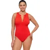 S3 Ribbed High Neck Snap Front One Piece Swimsuit In Scarlet