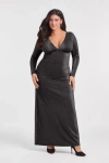 S3 Sculpting Shirred V-neck Long Sleeve Metallic Maxi Dress In Black