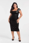 S3 Sculpting Square Neck Cap Sleeve Faux Leather Midi Dress In Black