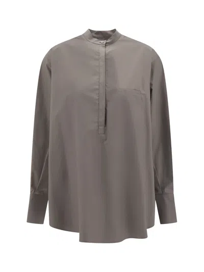 Sa Su Phi Wide Fit Cotton Shirt With Mandarin Collar In Brown