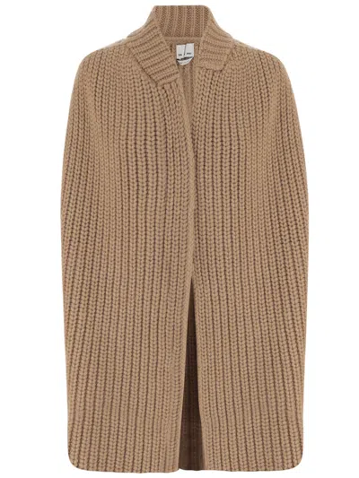 Sa Su Phi Beige Ribbed Cashmere Soft Collar Open Front Jacket In Brown