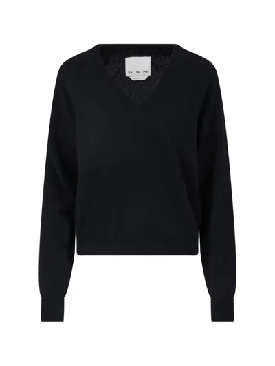 Sa Su Phi Black V-neck Cashmere-blend Sweater In Blue