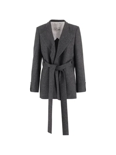 Sa Su Phi Herringbone-pattern Belted Jacket In Gray