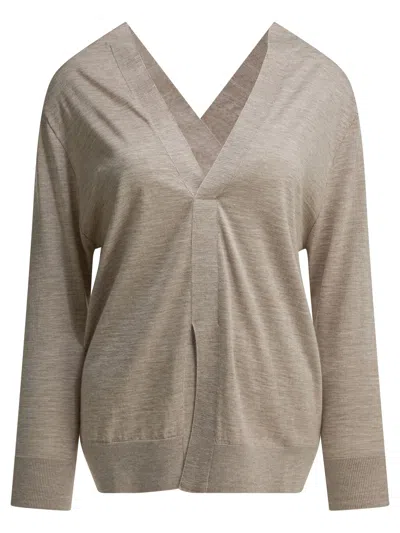 Sa Su Phi Knitwear V Neck Long Sleeve Ribbed Edges In Neutral