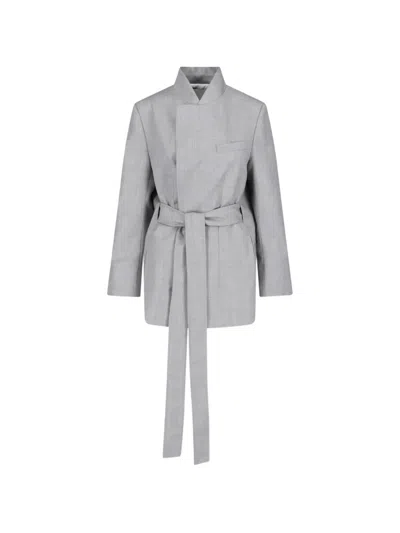 Sa Su Phi Grey High Collar Textured Minimalist Jacket In Gray