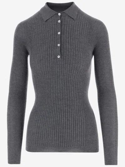 Sa Su Phi Long Sleeved Cashmere And Silk Polo Shirt In Gray
