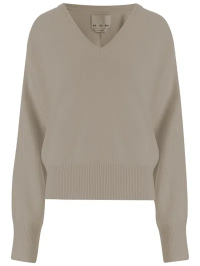 Sa Su Phi Sand Beige Cashmere V-neck Sweater In Gray