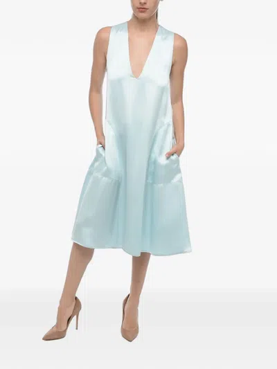 Sa Su Phi Serena Satin V-neck Midi Dress In Blue