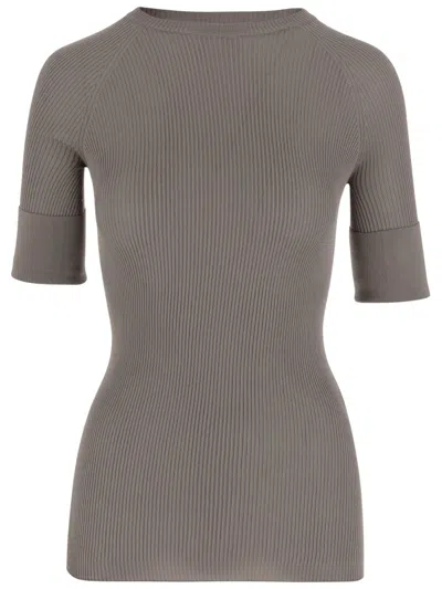 Sa Su Phi Silk Top With Short Ribbed Sleeves In Grey