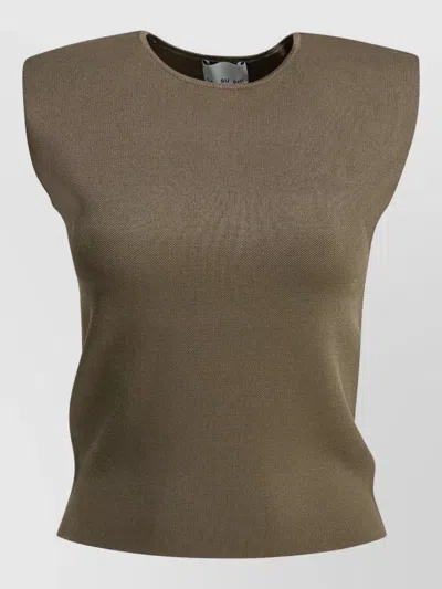 Sa Su Phi Sleeveless Crew Neck Fitted Textured Top In Brown