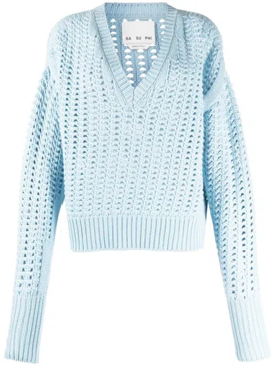 Sa Su Phi V-neck Open-knit Jumper In Blau