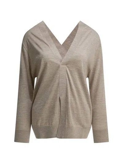 Sa Su Phi Knitwear V Neck Long Sleeve Ribbed Edges In Neutral