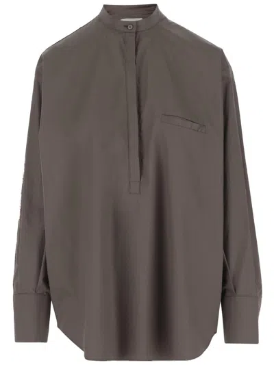 Sa Su Phi Wide Fit Cotton Shirt With Mandarin Collar In Brown