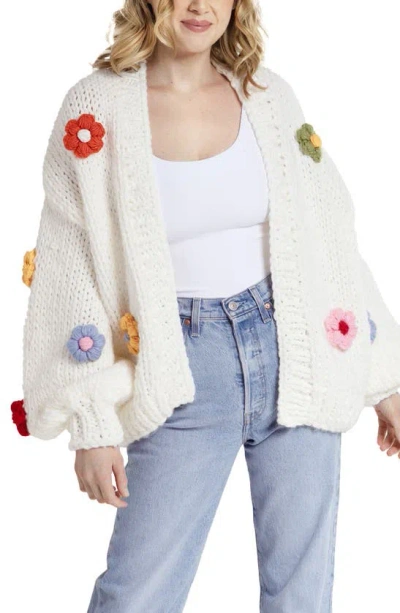 Saachi 3d Floral Knit Cardigan In White