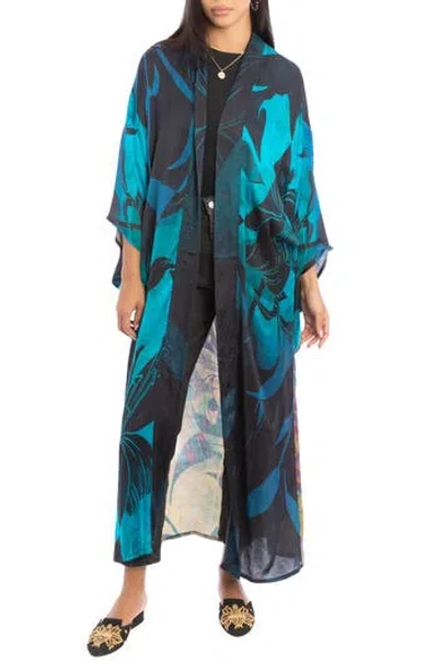 Saachi Abstract Floral Polychromatic Longline Duster In Blue