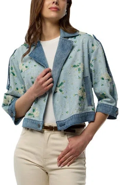 Saachi Beaded Denim Cardigan In Blue