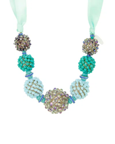 Saachi Beaded Ribbon Necklace In Blue