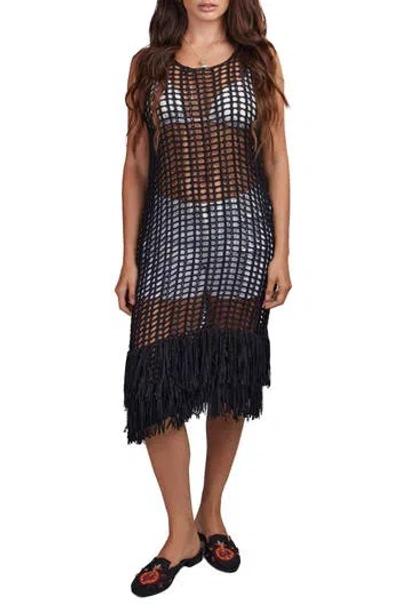 Saachi Boho Chic Fringe Knit Cover-up In Black