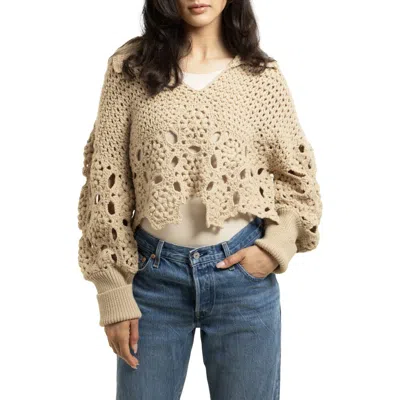 Saachi Chunky Crochet Cardigan Sweater In Beige